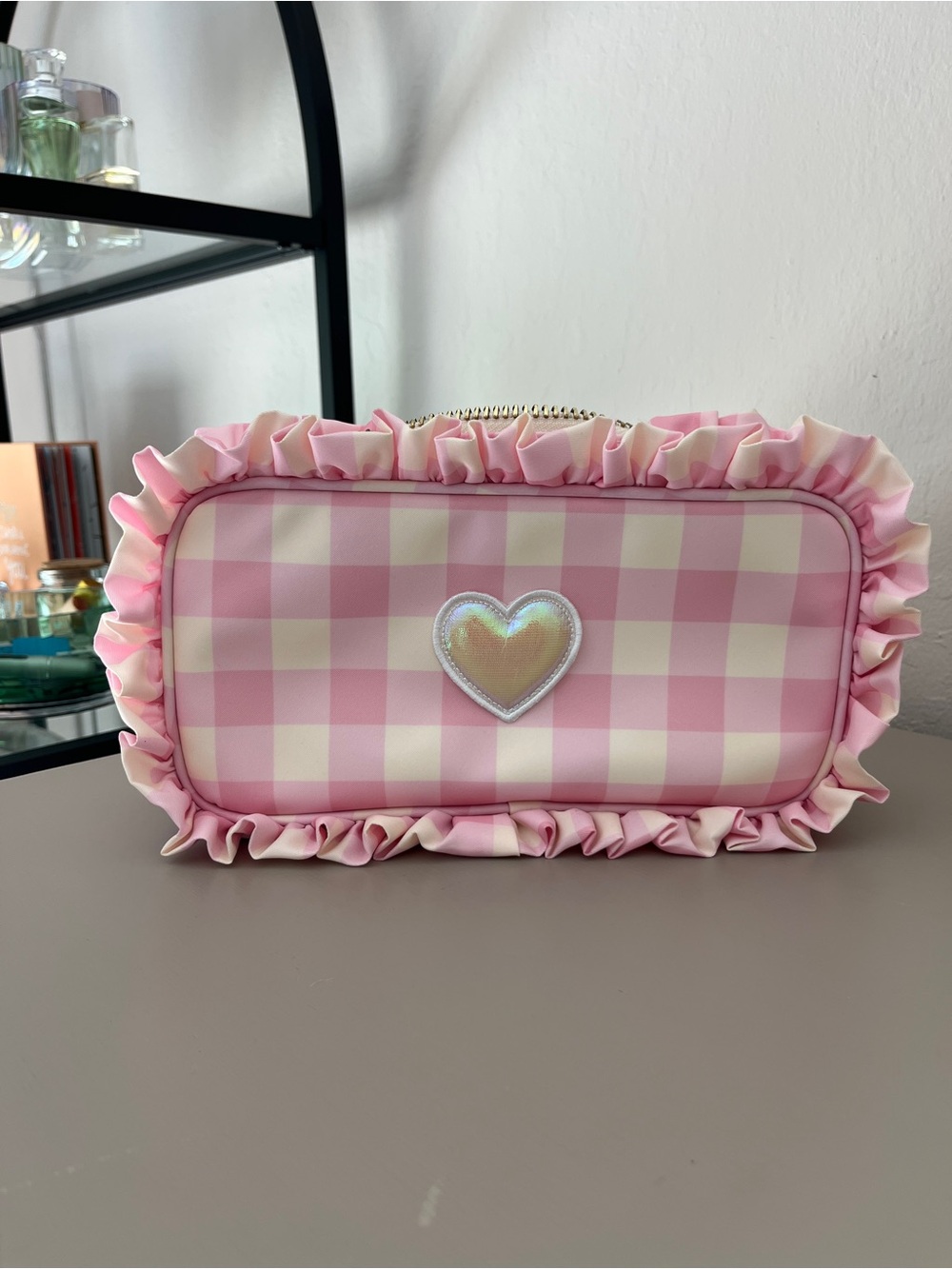 Stoney Clover Lane Pink & White Gingham Ruffle Pouch with Iridescent Heart